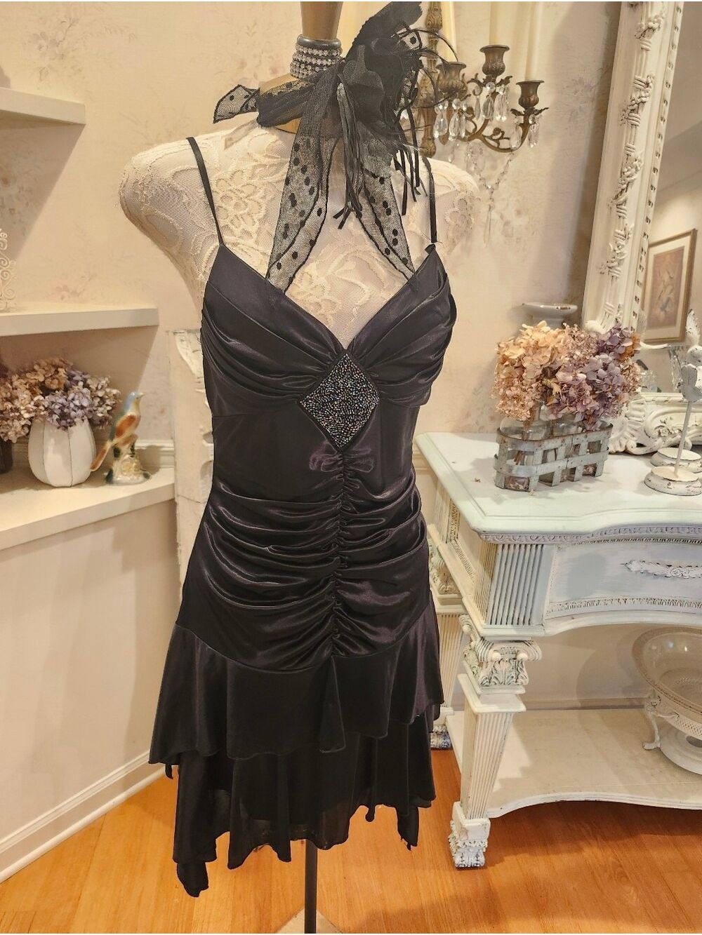Y2K Venus Black Cocktail Dress M Aurora Borealis Rhinestone Ruched Party Dress